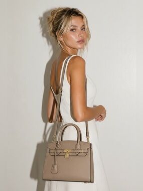 TU.LUXE “Madison” Leather Birkin-Style Bag with Crossbody NWT, Elephant Gray